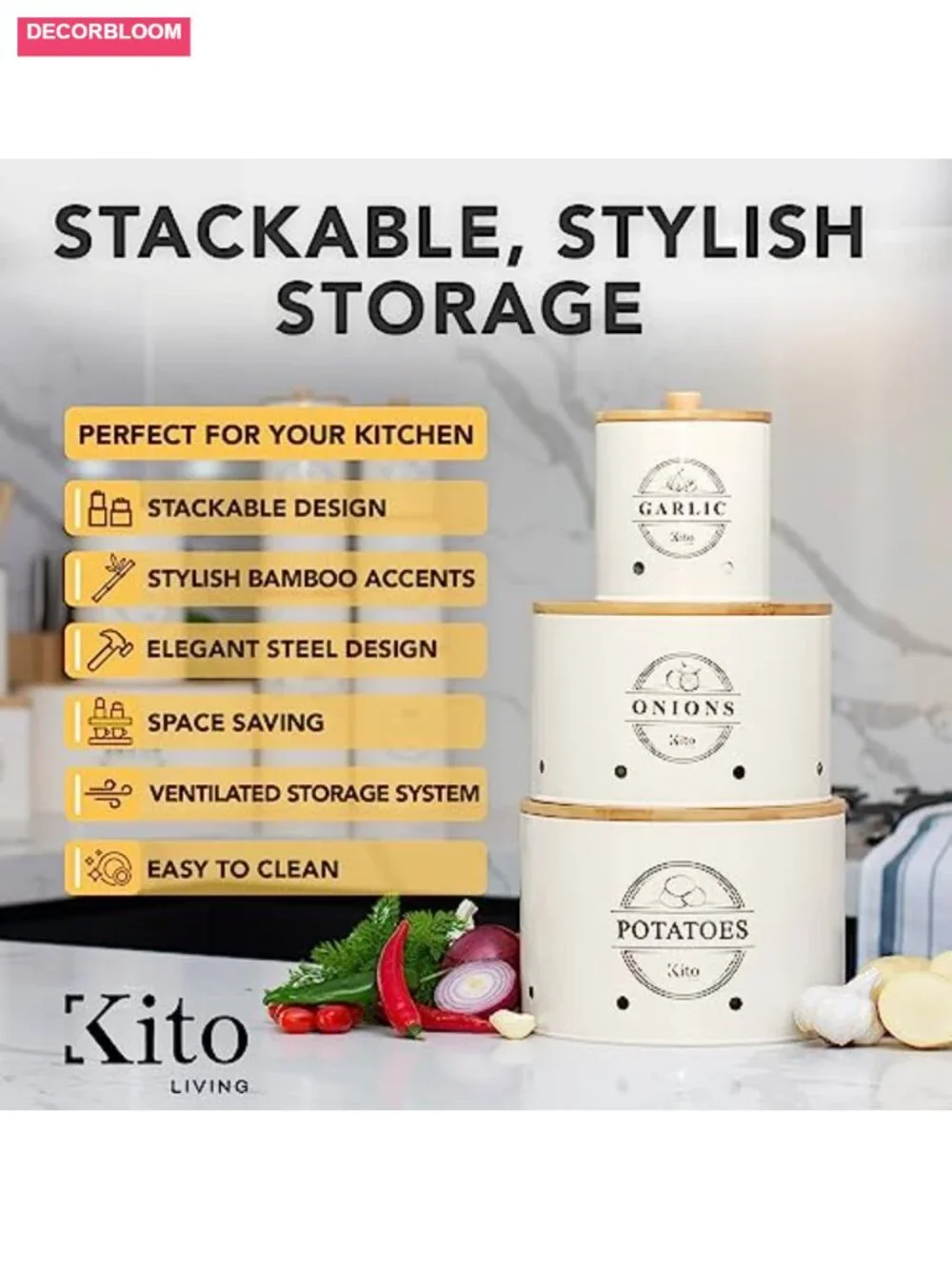 Stackable Steel Canisters with Wooden Bamboo Lids, Food Storage for Kitchen
